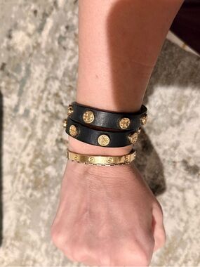 Tory Burch Black Leather Double Wrap Bracelet with Gold Logo Studs
